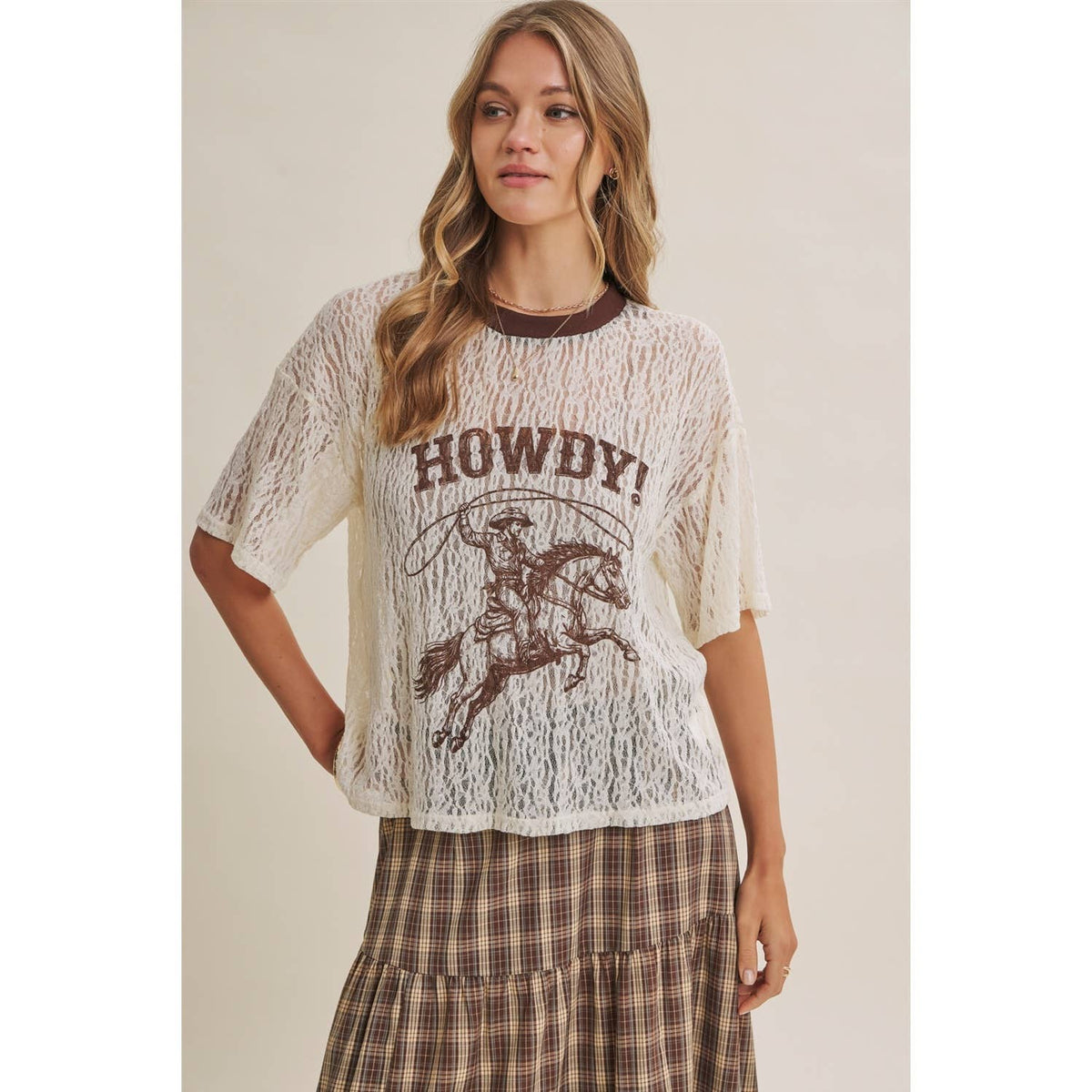 in february - WESTERN INSPIRED HOWDY COWBOY GRAPHIC SHEER LACE TOP