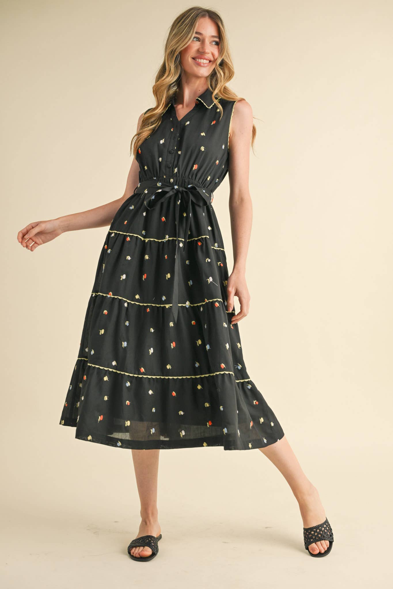 &MERCI - BUTTON DOWN EMBROIDERED MIDI DRESS MDR3592: Black Multi / M