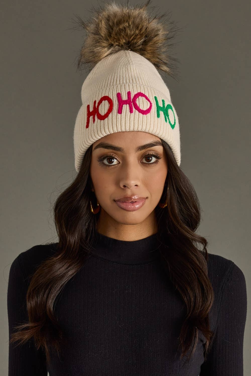 Panache Apparel Co. - Beige Ho Ho Ho Knit Pom Hat