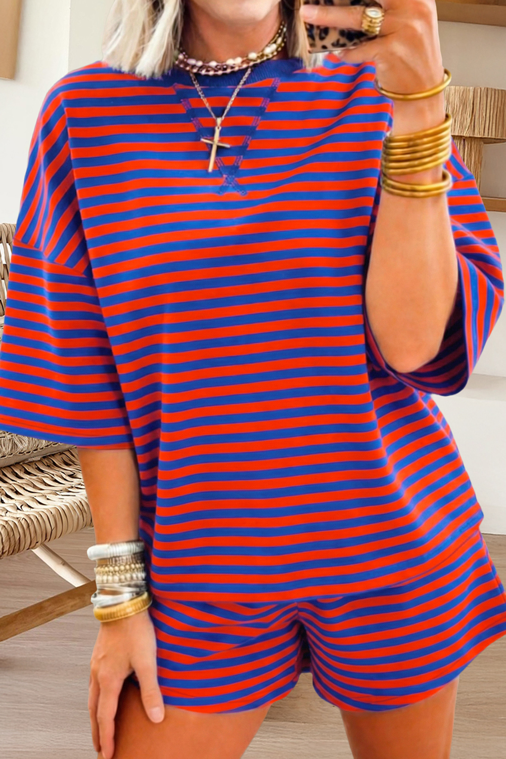 66DISCO - 66Plus Striped Short Sleeve Top and Shorts Lounge Set (S-4X)