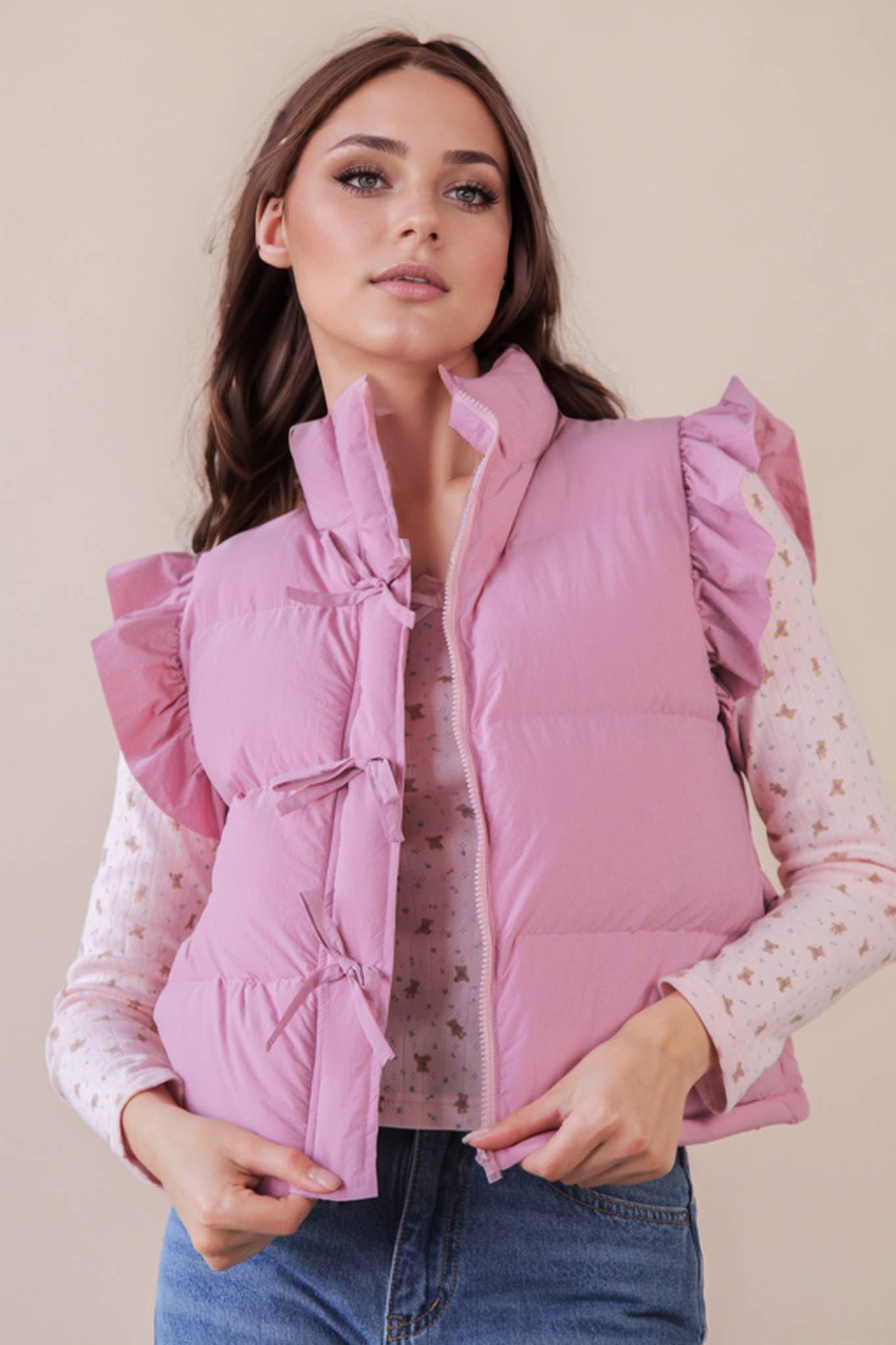VERY J - NJ90385-Front Bow Ruffle Sleeve Puffer Vest