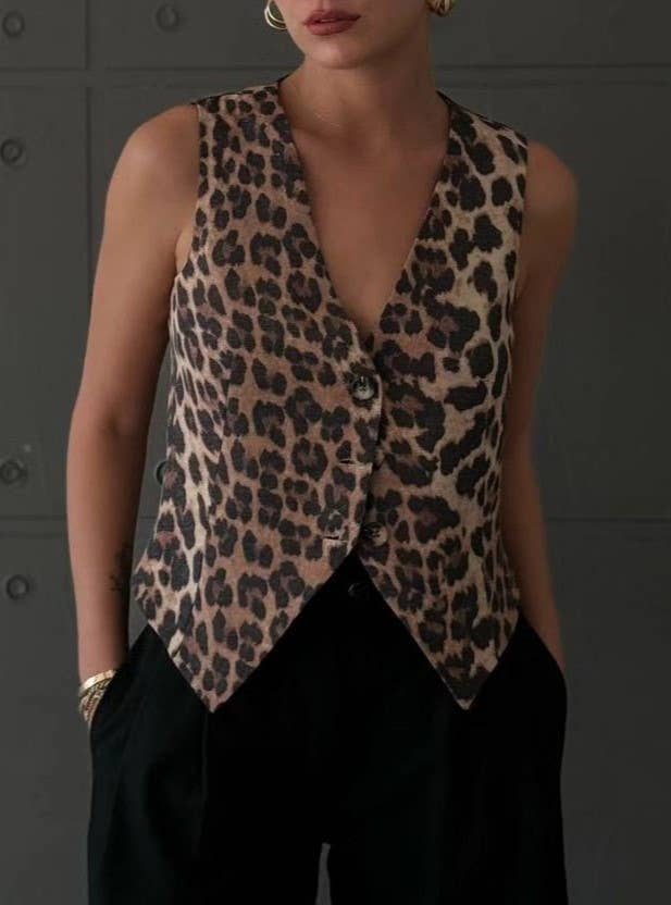 Stylish V-Neck Buttoned Leopard Print Vest Top: Brown / L