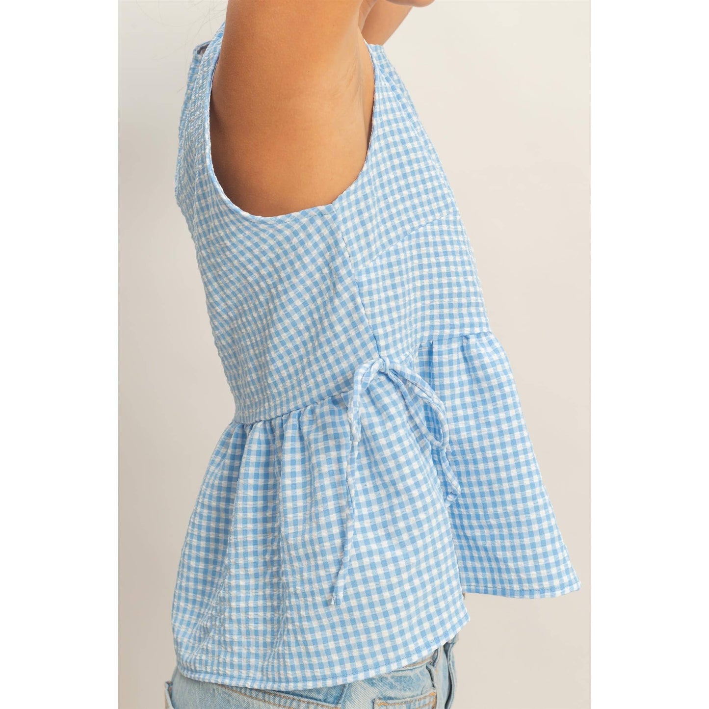 HYFVE - Gingham Sleeveless Peplum Top With Side Ties