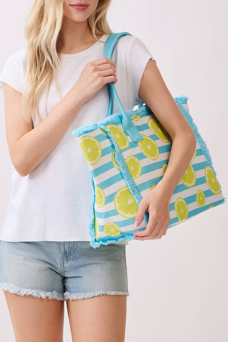 Lemon Drop Fringe Blue Striped Tote