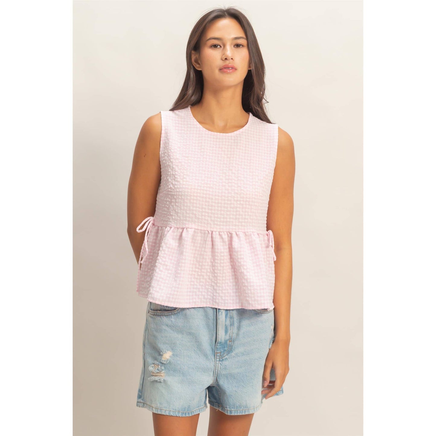 HYFVE - Gingham Sleeveless Peplum Top With Side Ties