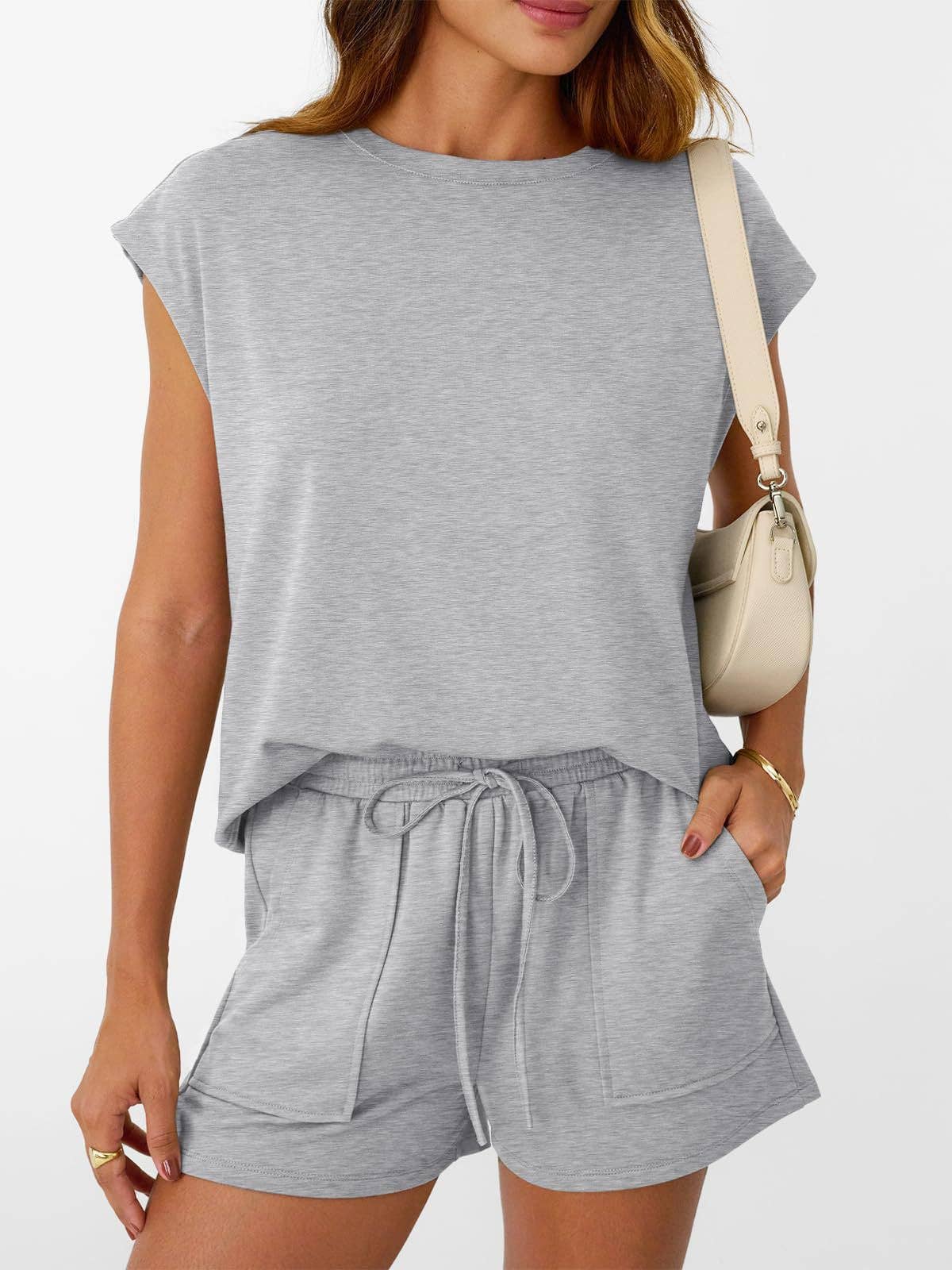 Suhkasana - Casual Lounge Set Cap Sleeve Top Drawstring Shorts