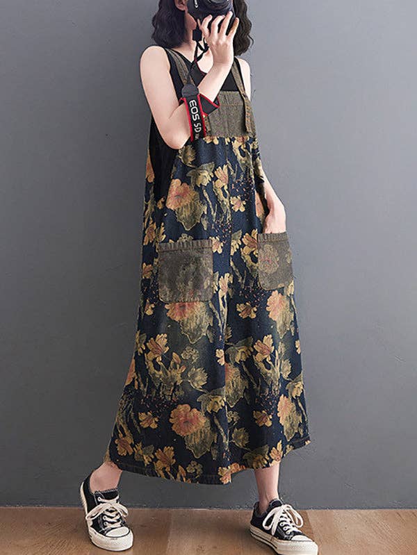 Oversize Wide Leg Floral Printed Split-Joint Overalls: DEEP BLUE / XL