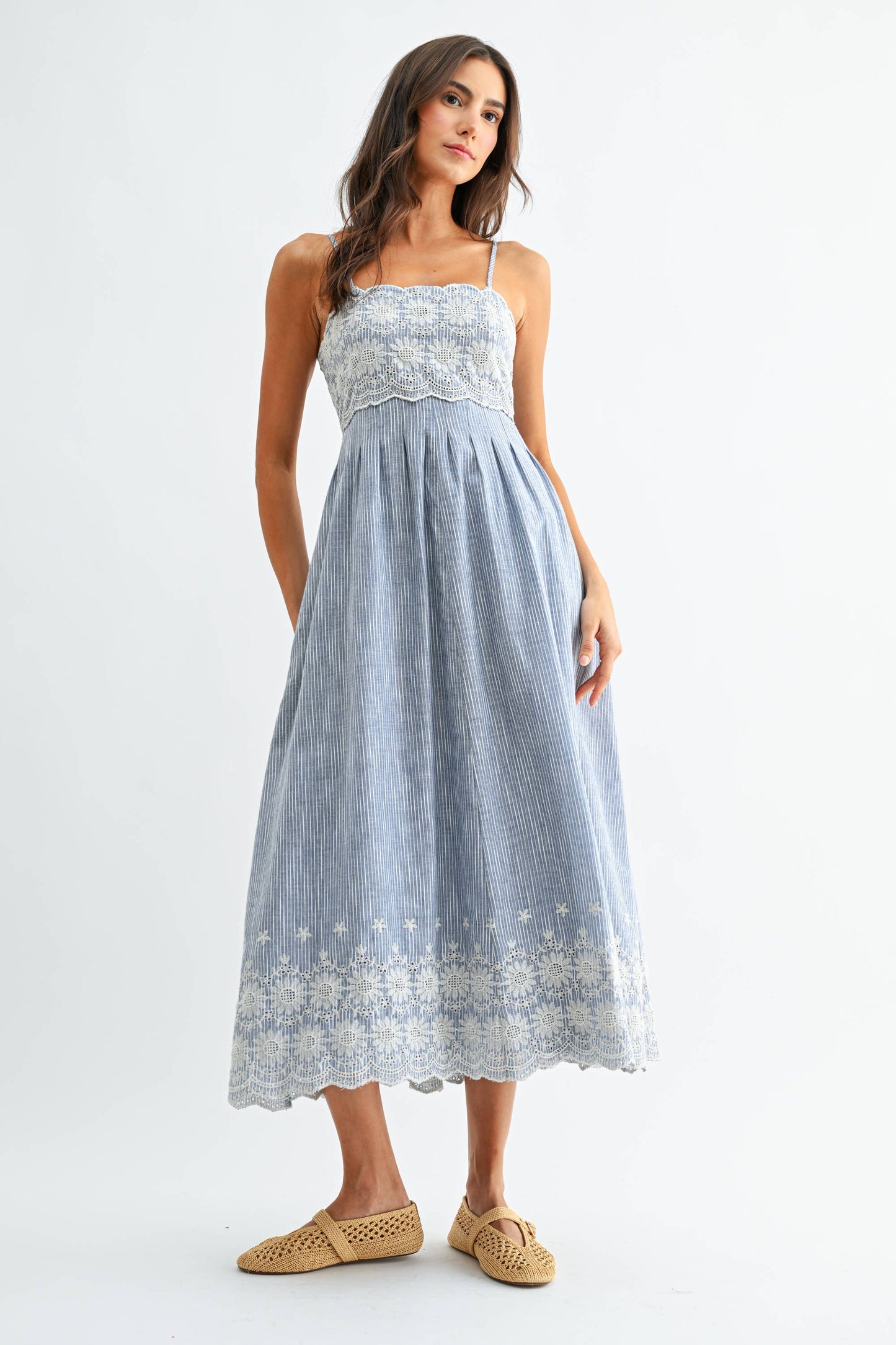 Camellia - CD10107J Pinstripe Midi Dress with Embroidered Lace