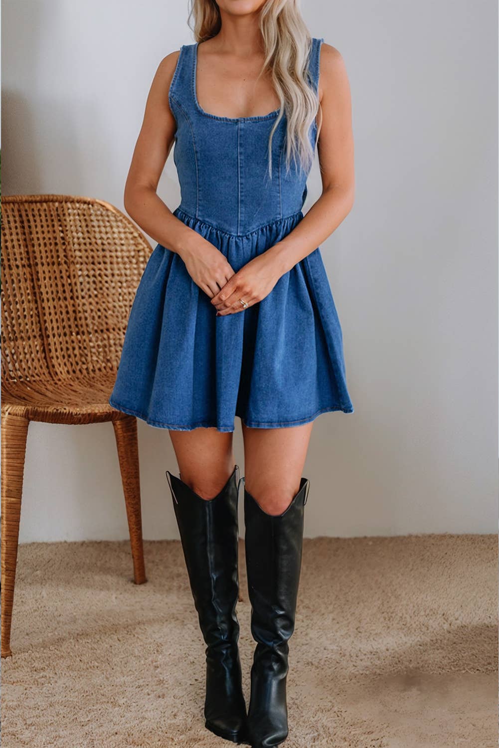 Little Daisy Closet -  LDC Square Neck Bowknot A-line Sleeveless Denim Dress