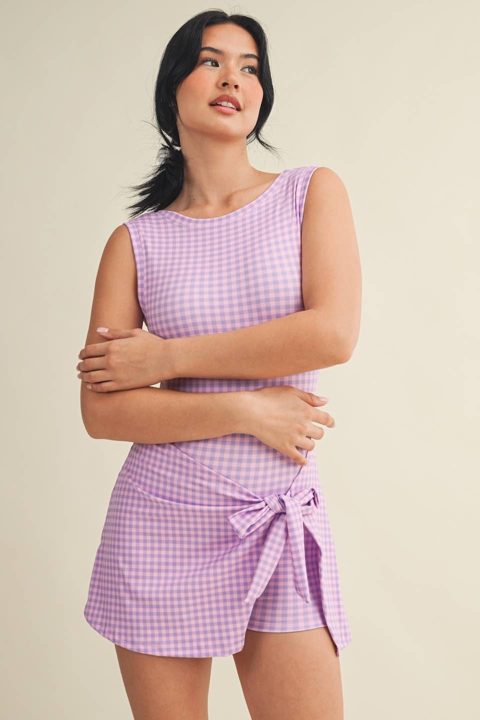 KIMBERLY C - Gingham Print Sleeveless Wrap Tie Front Dress : Black Gingham / S