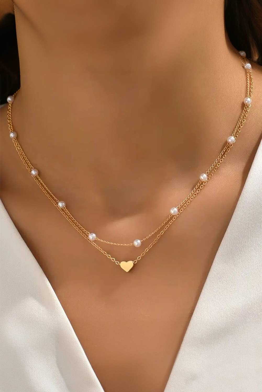 Little Daisy Closet - LDC Plated Heart and Pearl Detail 2pcs Layered Necklace