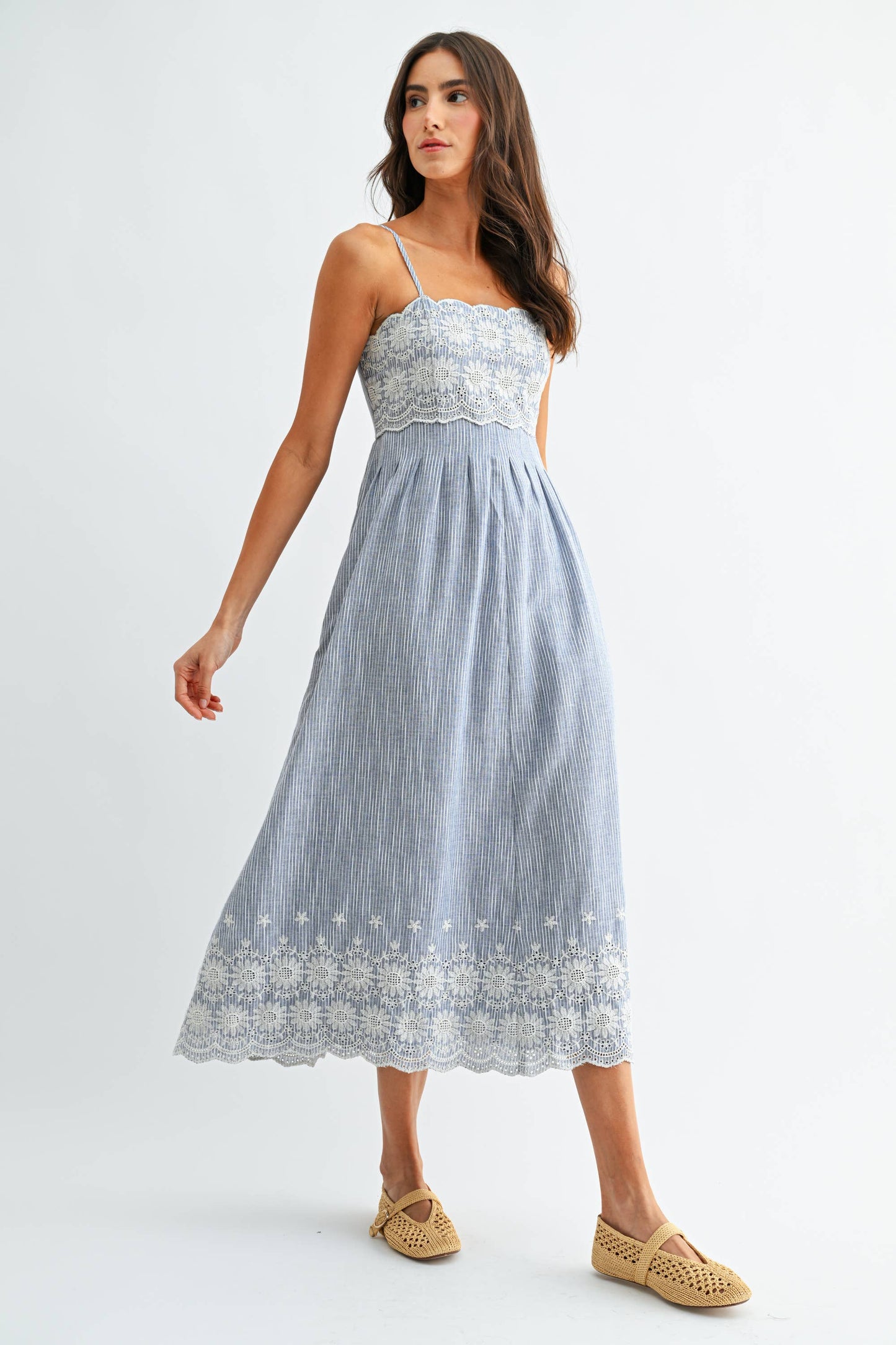 Camellia - CD10107J Pinstripe Midi Dress with Embroidered Lace