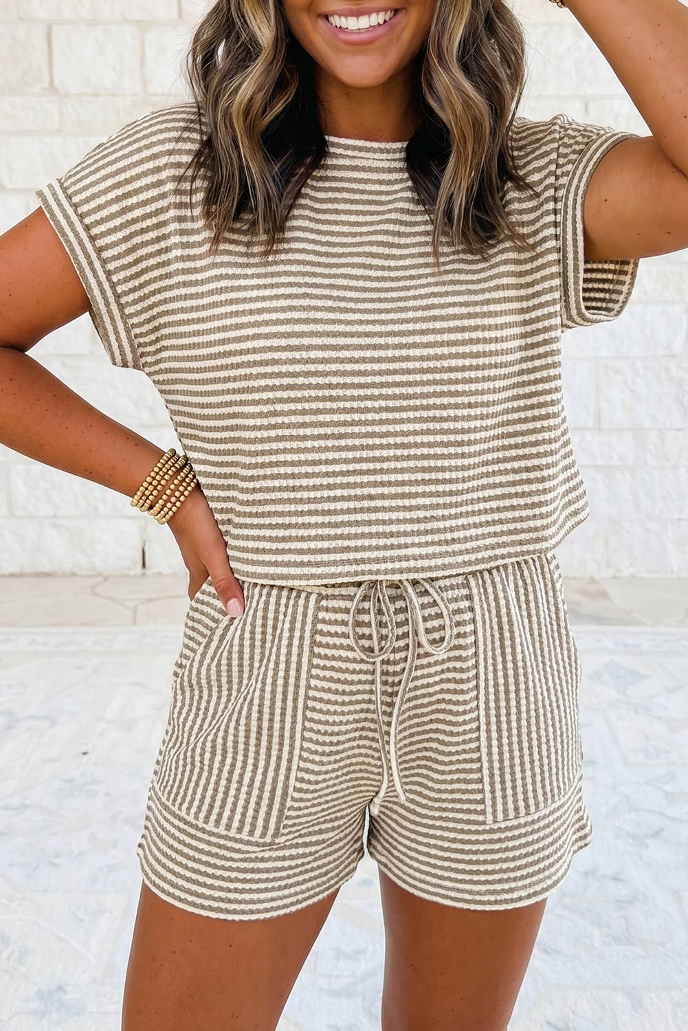 1 the Woman - Striped Textured Knit Top and Short 2pc Sets