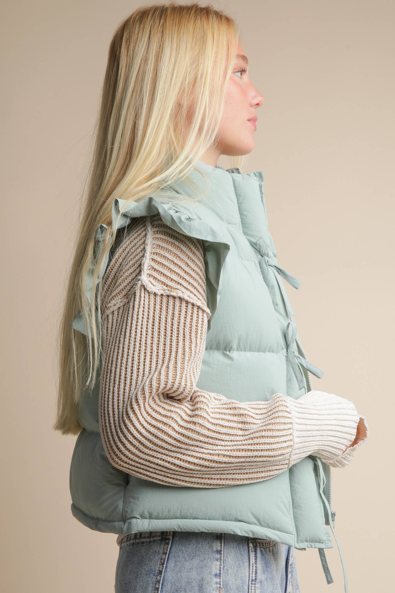 VERY J - NJ90385-Front Bow Ruffle Sleeve Puffer Vest