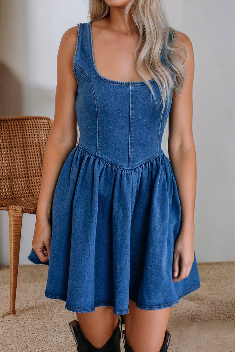 Little Daisy Closet -  LDC Square Neck Bowknot A-line Sleeveless Denim Dress