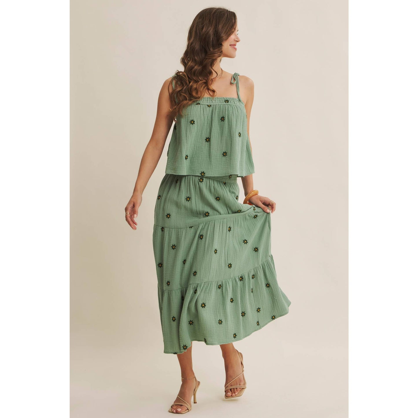 in february - SUNSET FIELD EMBROIDERED COTTON GAUZE TANK WITH TIE STRAPS