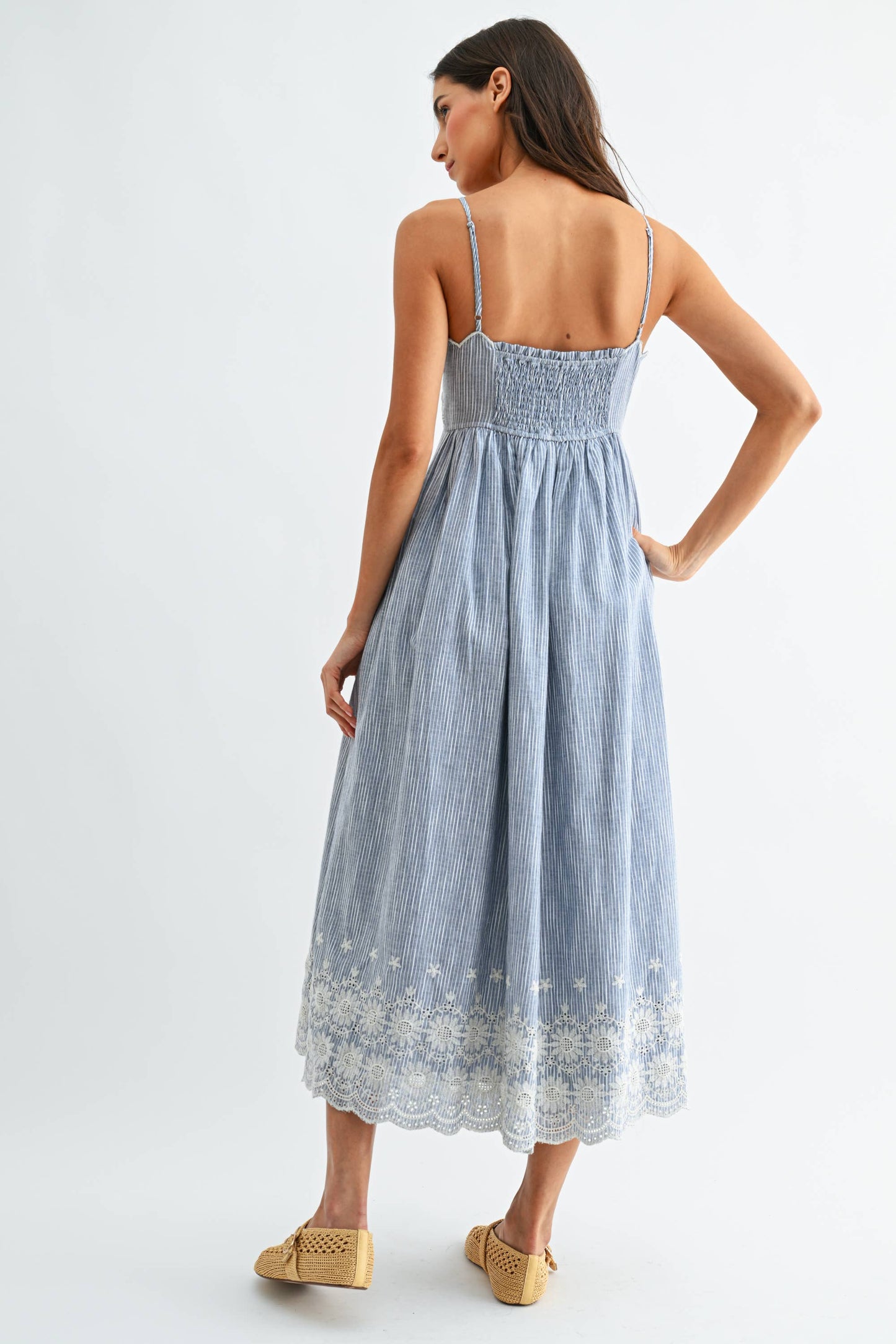 Camellia - CD10107J Pinstripe Midi Dress with Embroidered Lace
