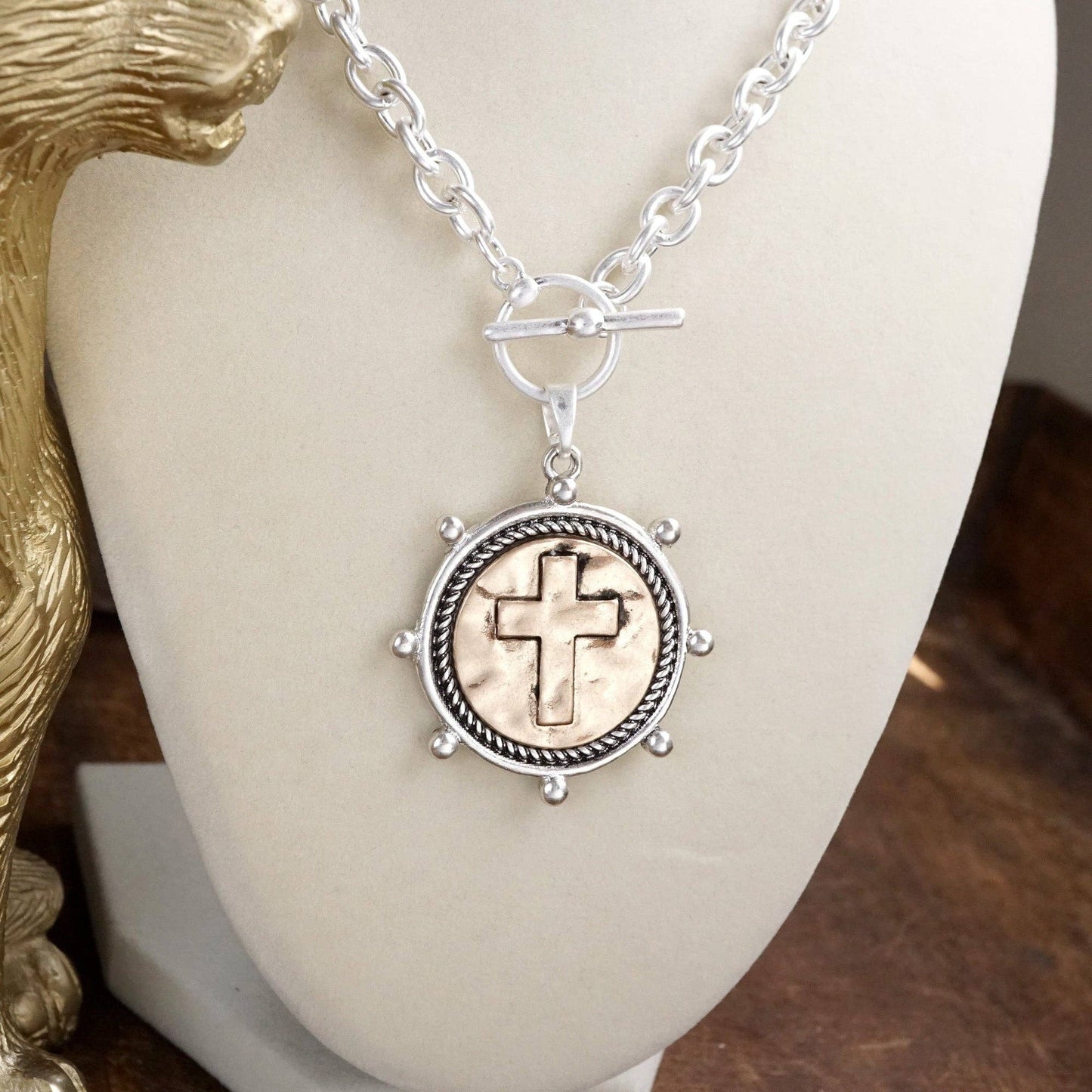 PennyLine inc - Cross Coin Chain Necklace with Front Toggle Closure – Silver or Gold Tone