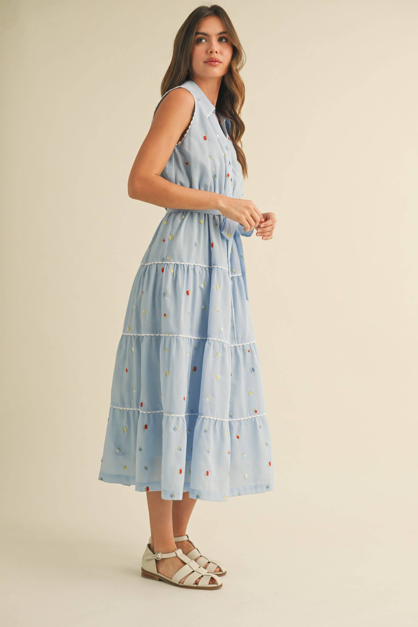 &MERCI - BUTTON DOWN EMBROIDERED MIDI DRESS MDR3592: Black Multi / M
