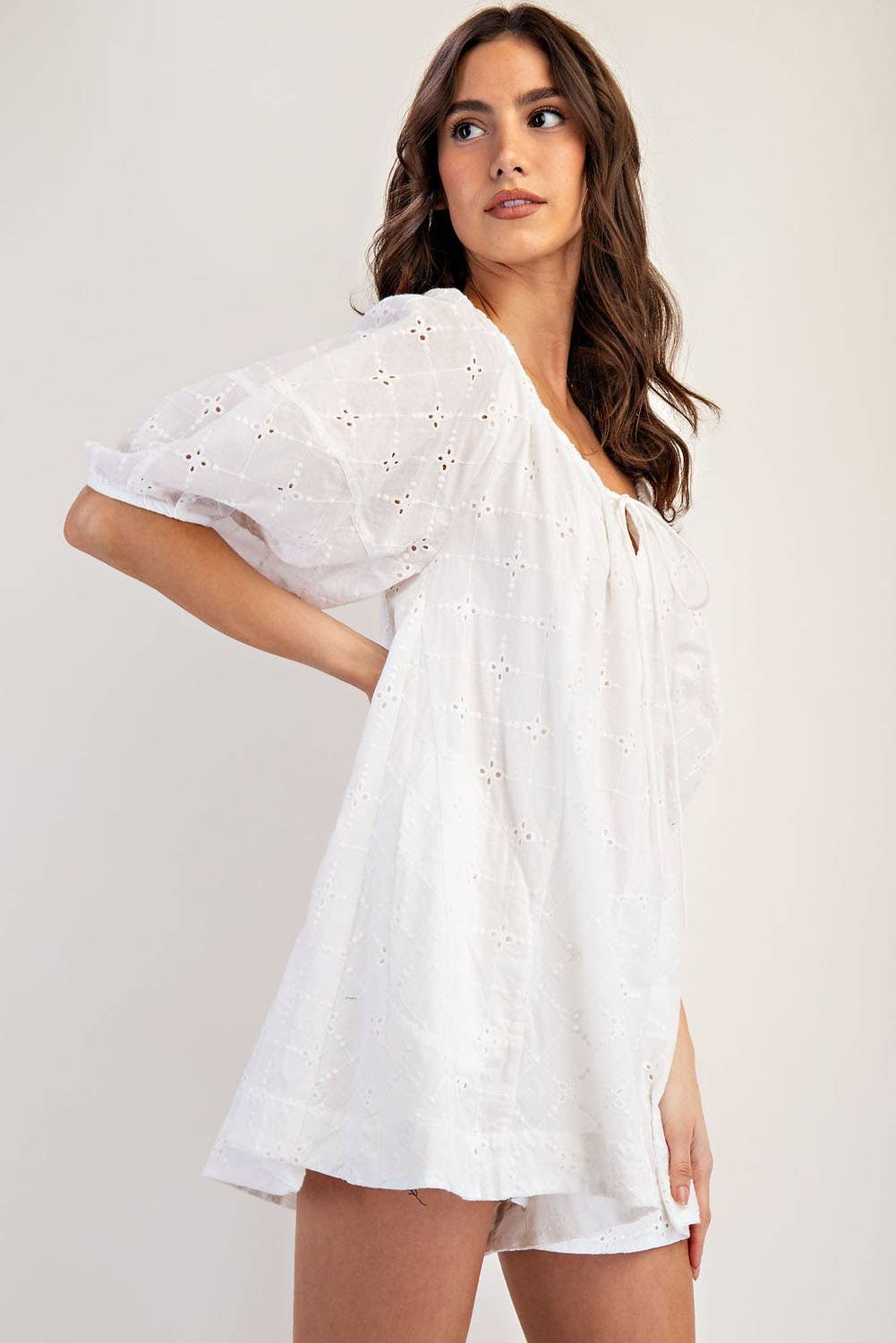 PL6371 - EYELET PUFF SLEEVE ROMPER: MUSTARD