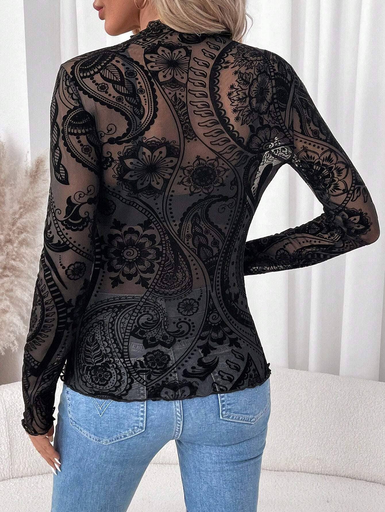 Hope & Sunshine - Paisley Velvet Print Mesh Top