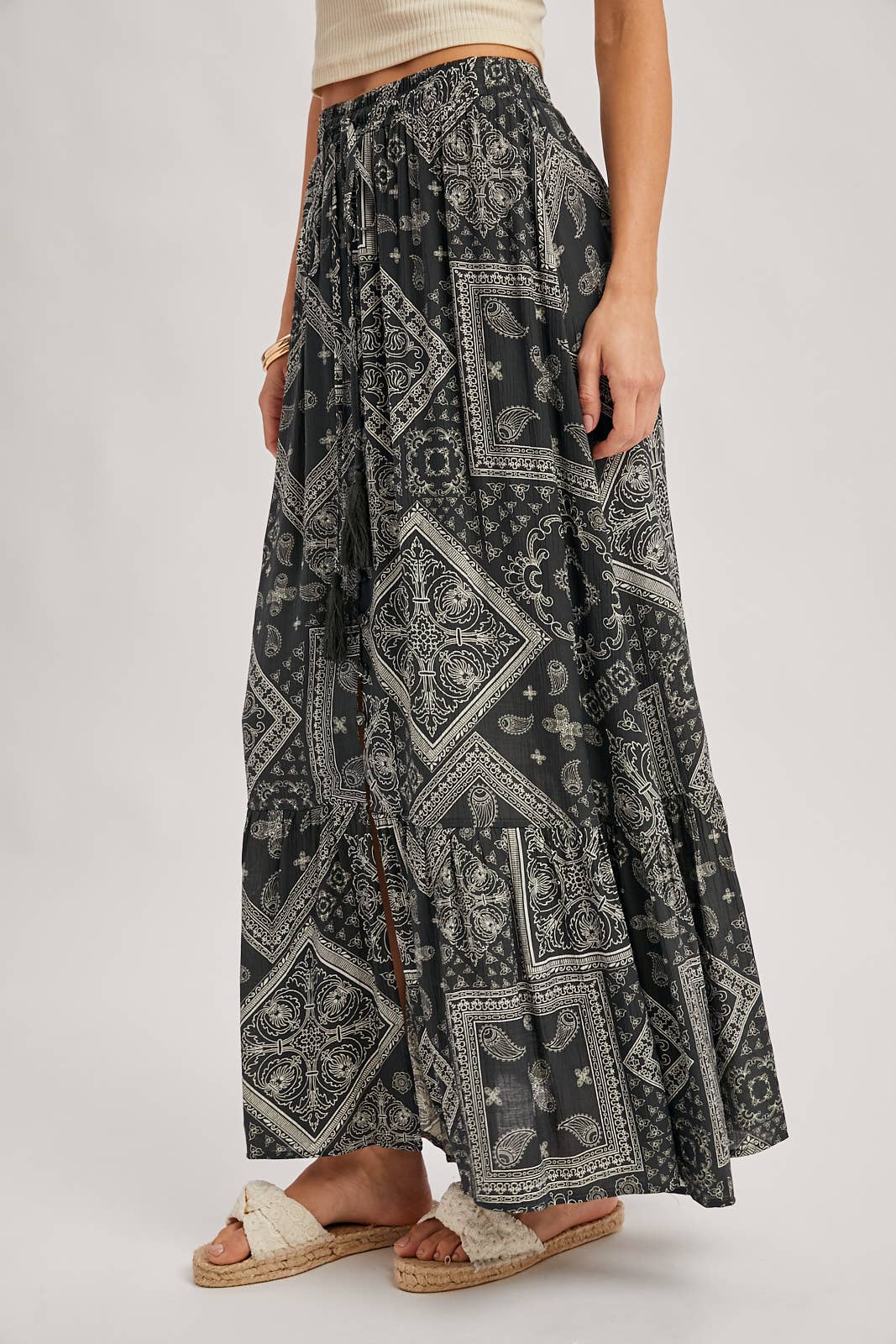 Bluivy - BOHO PRINT TIERED BUTTON DOWN FRONT MAXI SKIRT