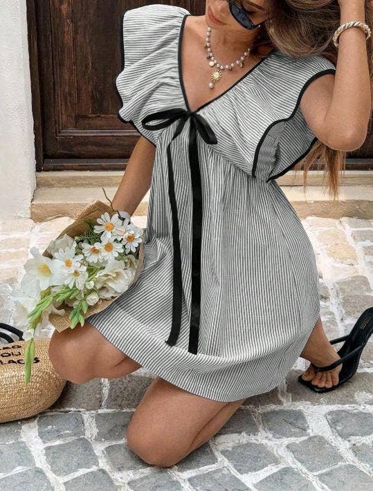 Anna Kaci Wholesale - Striped Mini Dress with Ruffle Sleeves and Front Bow