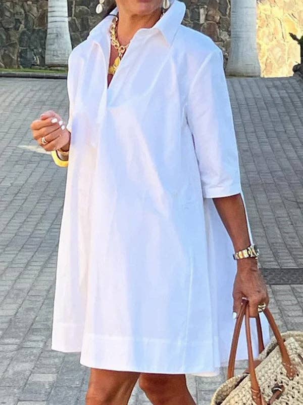 Half Sleeves Loose Solid Color Lapel Mini Dresses: WHITE / XL
