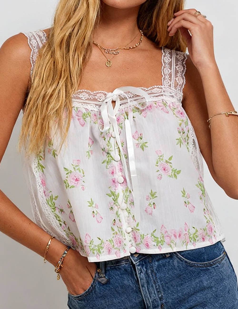 Sweetkama - Ladies Boho Floral Print Sheer Lace Panel Sleeveless Top