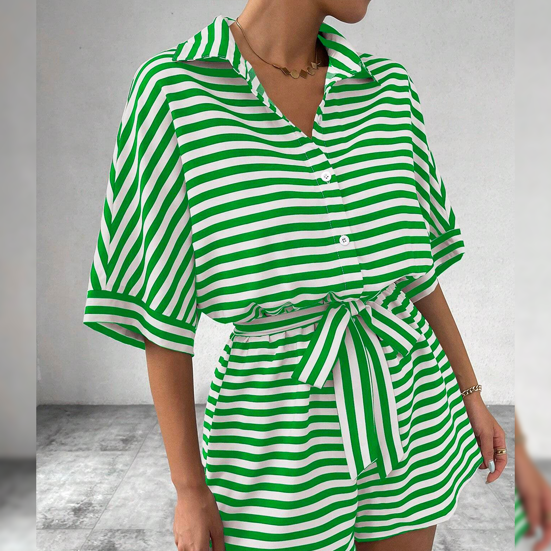 Summer Striped Lapel Button-Up Belted Shorts Romper AXR129: Red / L