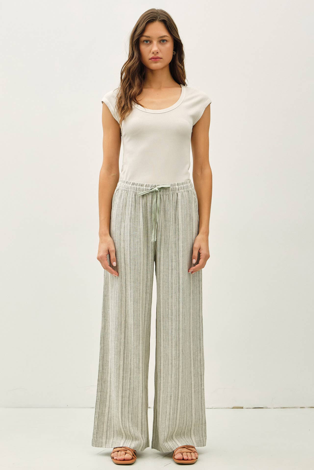 STRIPED LINEN WIDE LEG PANTS