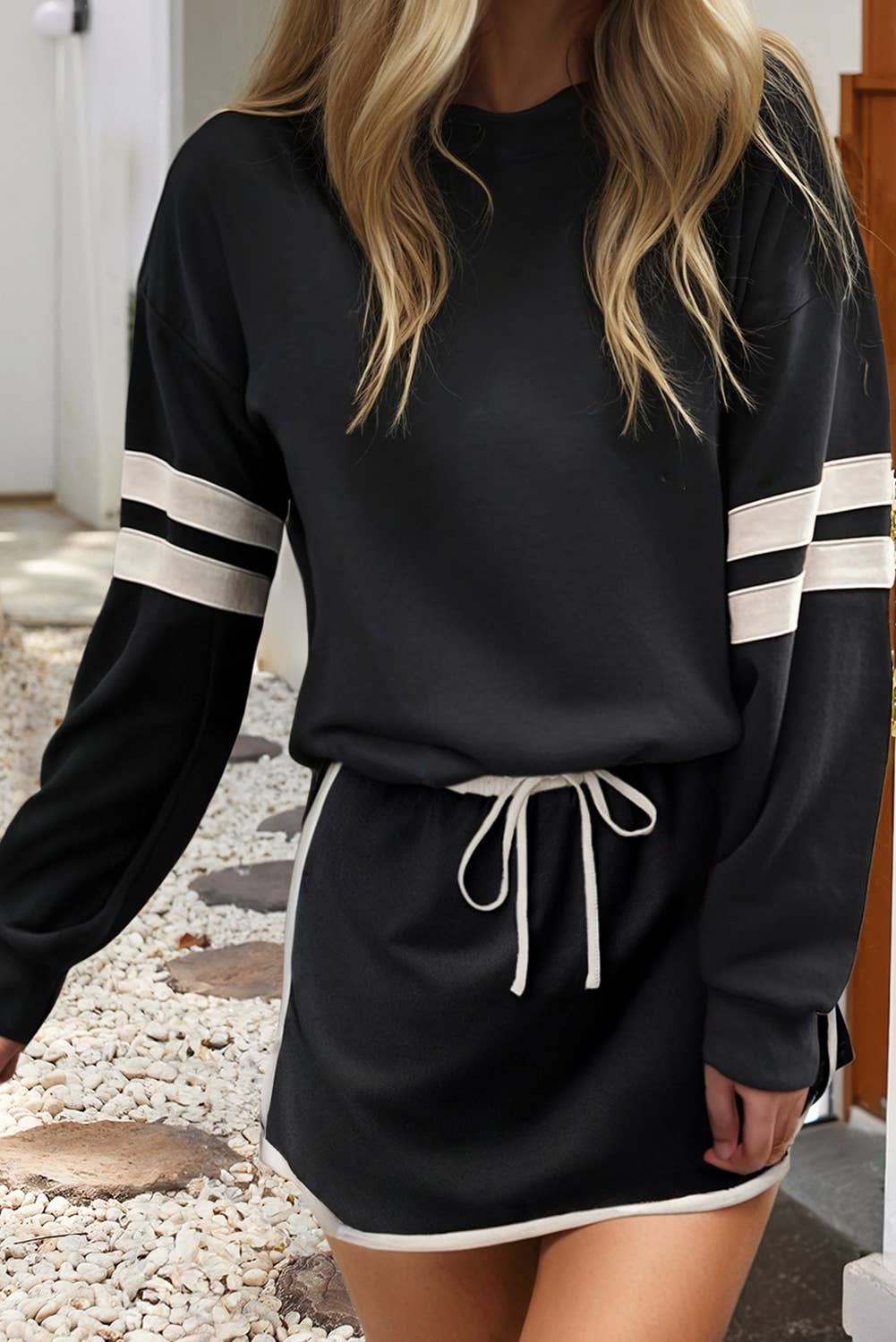 Little Daisy Closet -  LDC Stripe Detail Drop Shoulder Pullover Mini Skirt Set