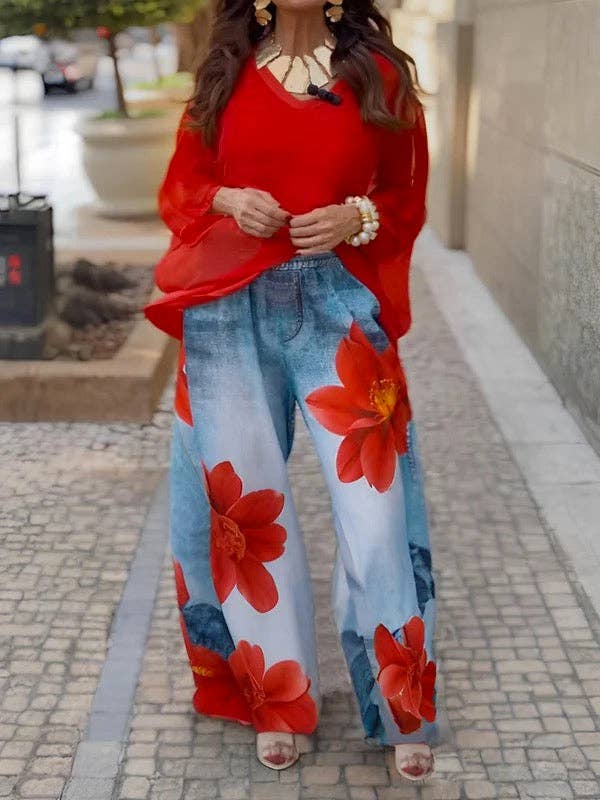 Loose Wide Leg Flower Print Jean Pants Bottoms Trousers: RED / XL