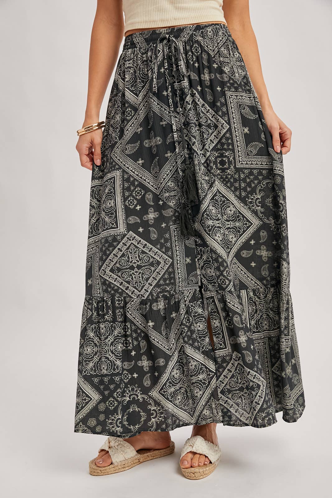 Bluivy - BOHO PRINT TIERED BUTTON DOWN FRONT MAXI SKIRT