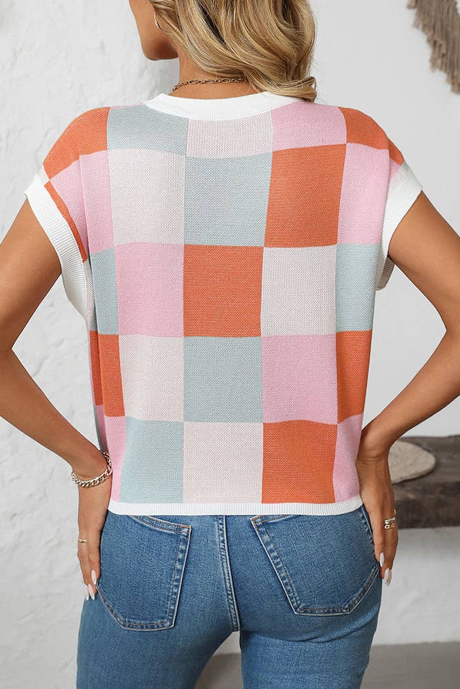 UNISHE - Cropped Color Block Crewneck Knit Checkerboard Sweater MD167