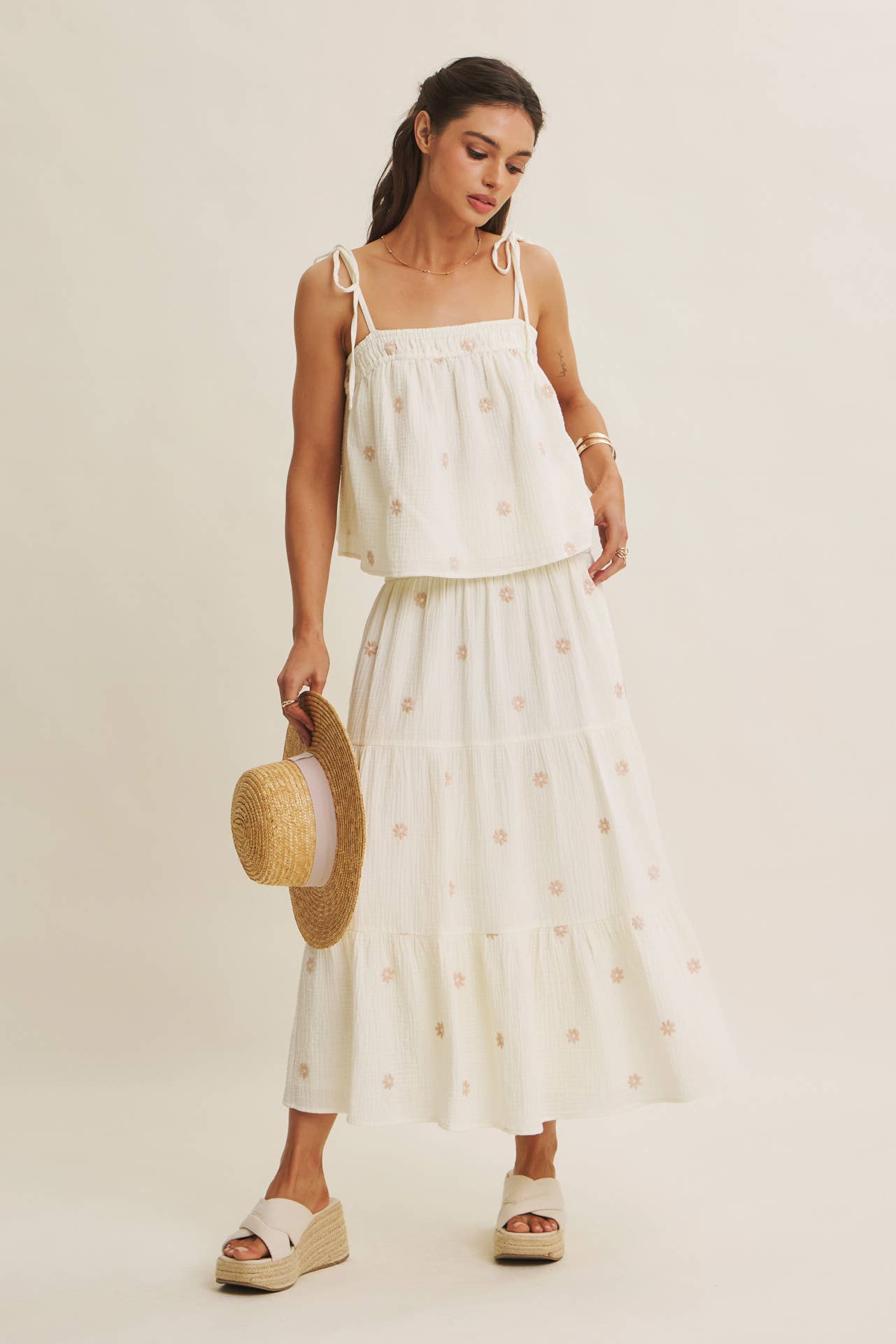 in february - SUNSET FIELD EMBROIDERED COTTON GAUZE TANK WITH TIE STRAPS