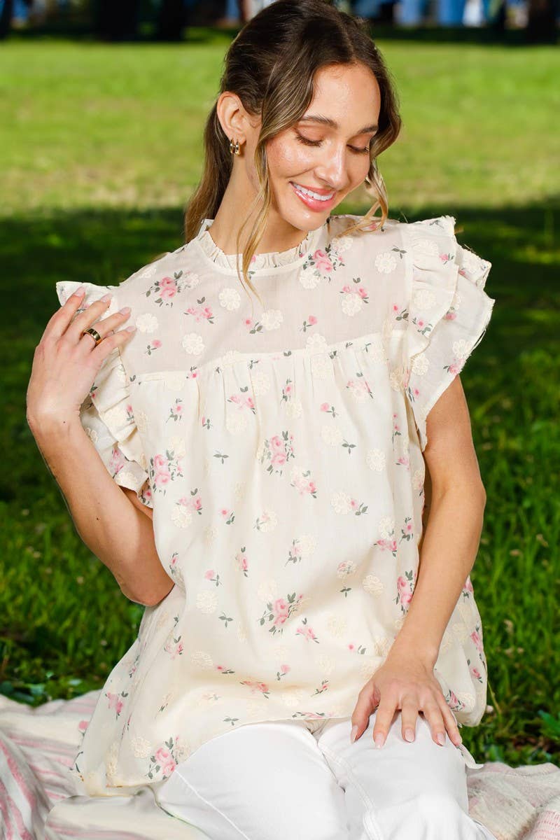 Vine & Love - Floral Embroidered Ruffle Detail Organza Blouse Top VT82257