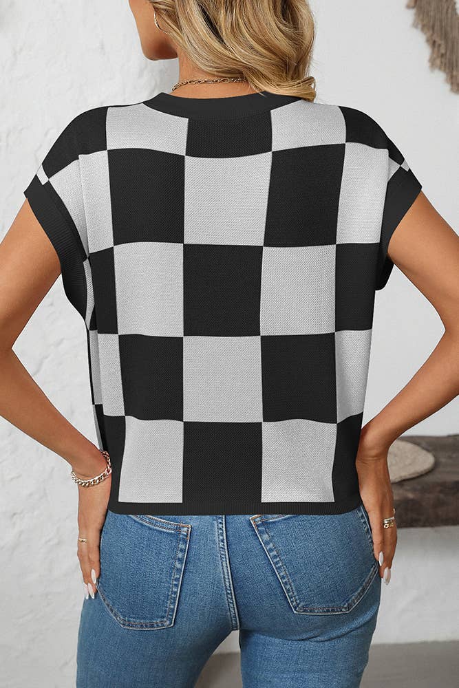 UNISHE - Cropped Color Block Crewneck Knit Checkerboard Sweater MD167