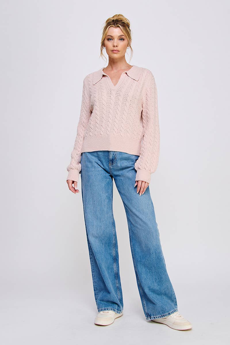 Grey Cable Knit Johnny Collar Pullover