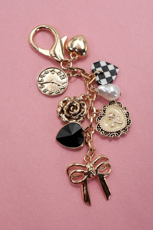 JOSSLYN by wall to wall - BOW CHECKER HEART FLOWER BAG CHARM | 80K049