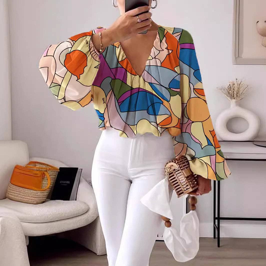 Printed V-Neck Long Sleeve Shirt Elegant Women's Loose Solid: Yellow / XL