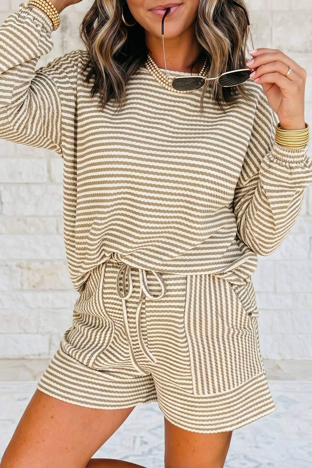 1 the Woman - Striped Textured Knit Top and Short 2pc Sets