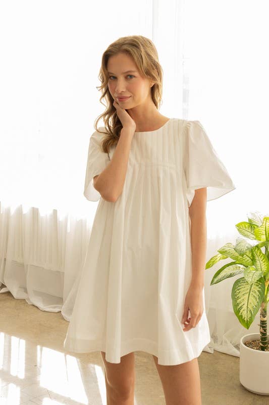 JOD1142 Pleated Front Mini Dress with Wide Sleeves