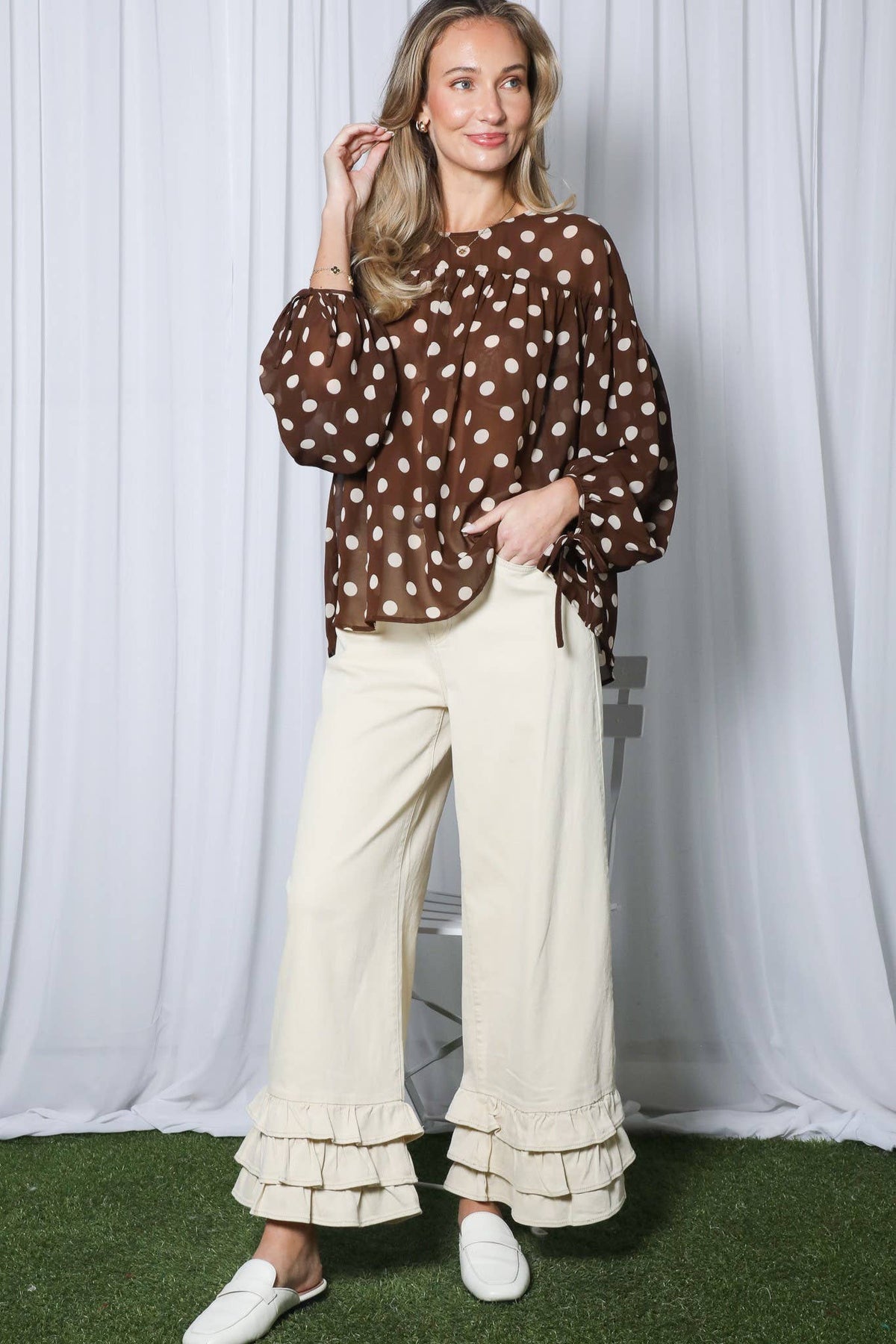 Vine & Love - Elegant Chiffon Polka Dot Blouse VT83466