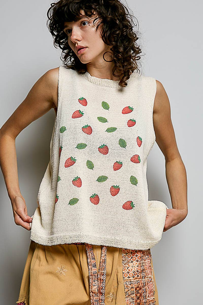 Strawberry Print Thin Sweater Sleeveless Top