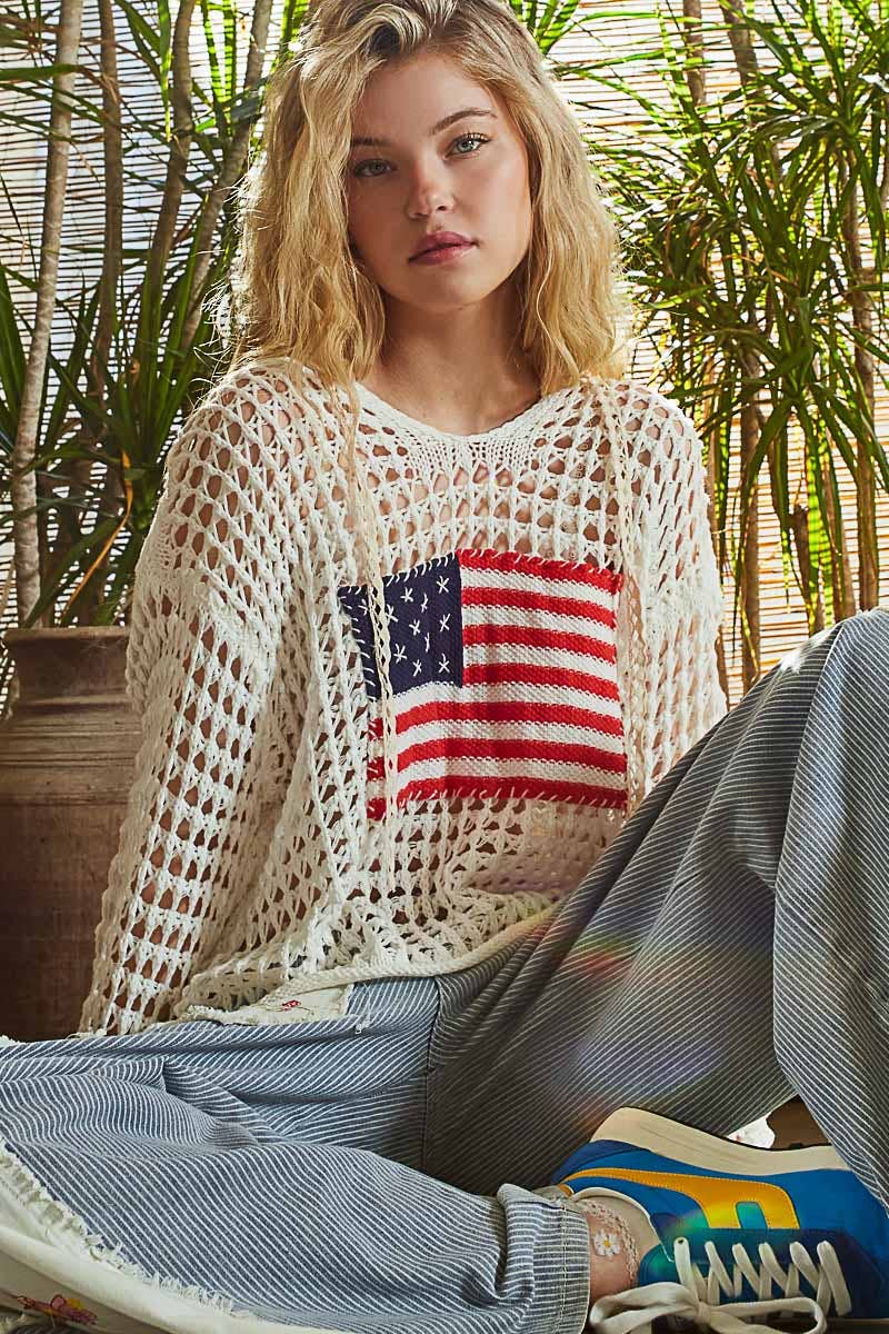 Long sleeve American flag hoodie thin sweater top SALE: SKY BLUE