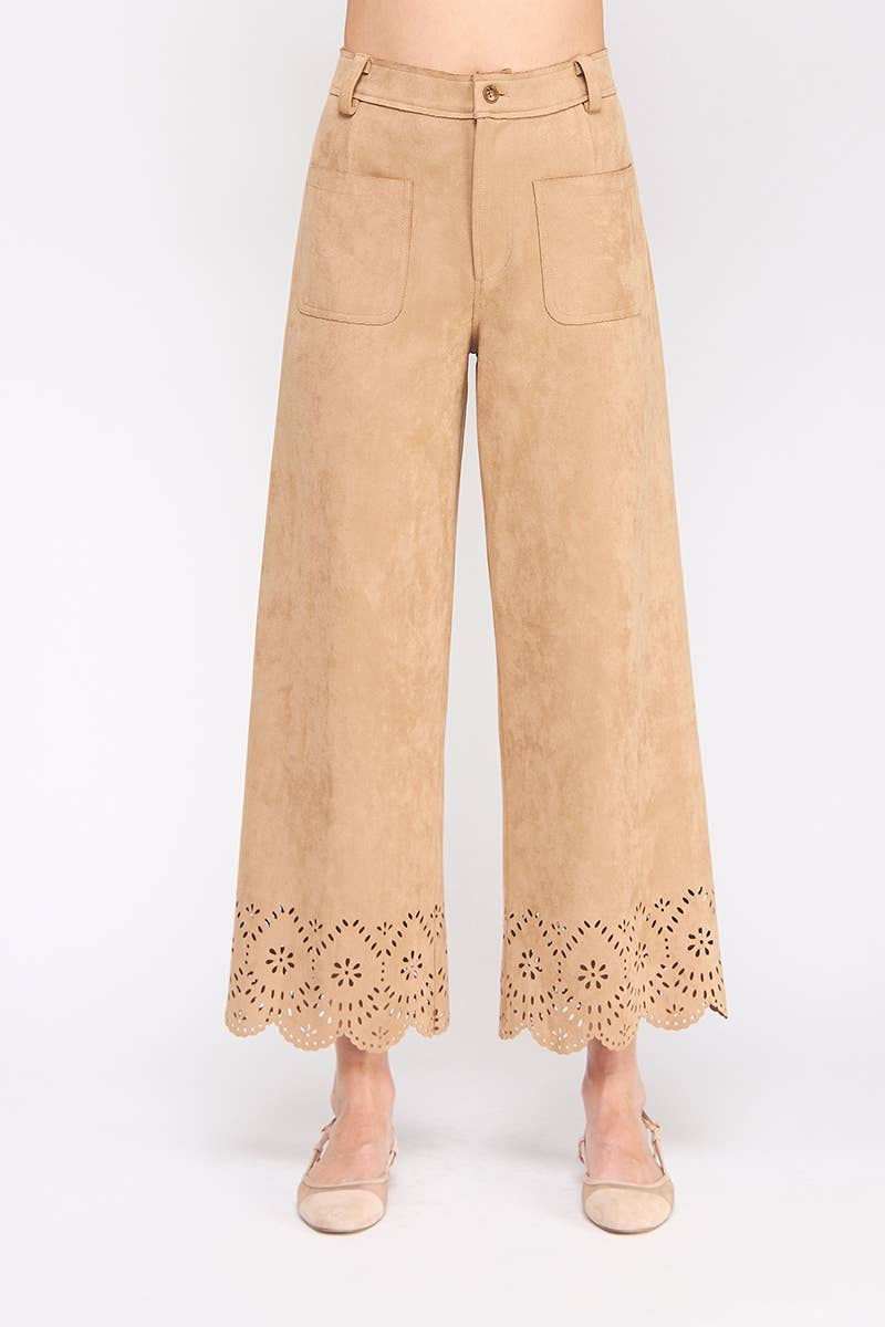 Camel Suede Wide Leg Scallop Pants