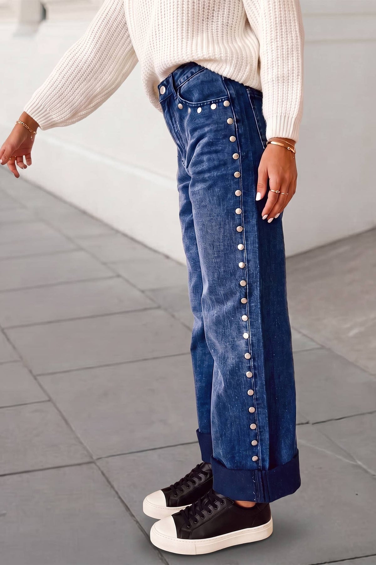 Aapparella - Solid Studded Detail Straight Leg Loose Jeans | 4-16