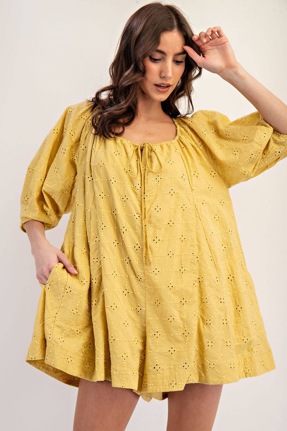 PL6371 - EYELET PUFF SLEEVE ROMPER: MUSTARD