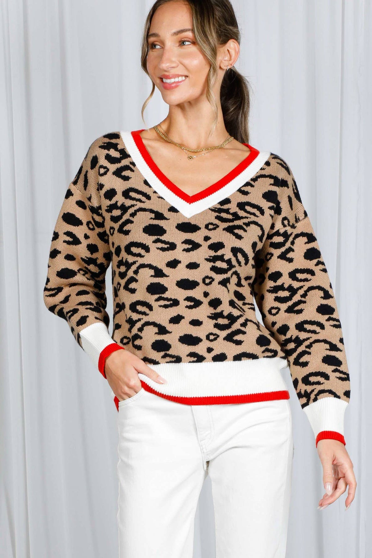 Vine & Love - Leopard Pattern V-Neck Contrast Rib Knitted Sweater VT82601